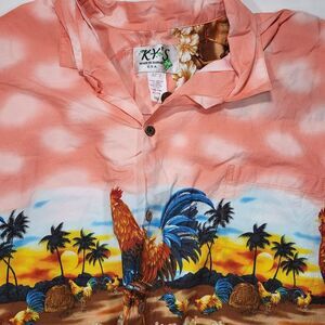 KY's Made‎ in Hawaii Men 3XL Pink Rooster Palm Tree Short Sleeve Button Up Shirt